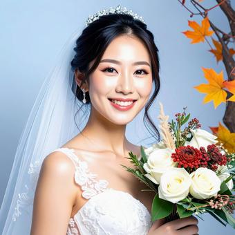 秋のウェデイングドレス姿の花嫁 ブーケ 秋のウェデイングドレス姿の花嫁 ブーケの写真