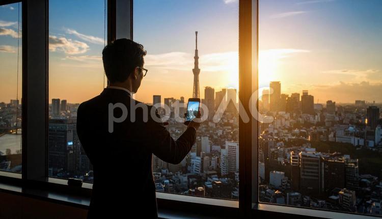 都市背景に携帯画面を見ているビジネスマン 都市,高層ビル,起業家の写真素材