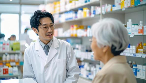 穏やかに話している薬剤師と高齢者 穏やかに話している薬剤師と高齢者の写真