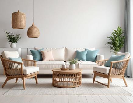 パステルカラーのリビングの写真