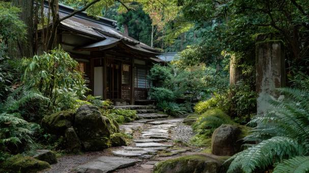 古い日本家屋に続く石の道 古い日本家屋に続く石の道の写真