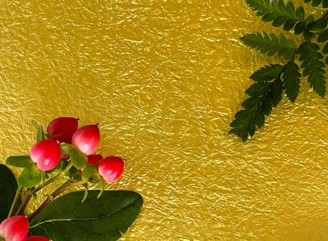 金色の背景と赤い実のアクセント 正月,背景,和の写真素材