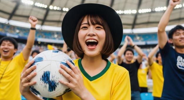 スタジアムで歓喜する女性サポーターの写真