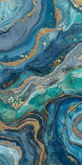 青と金の流体模様の抽象アートの写真