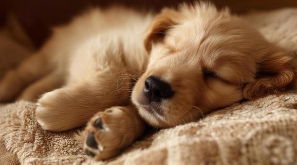 眠っているゴールデンレトリバーの子犬 眠っているゴールデンレトリバーの子犬の写真