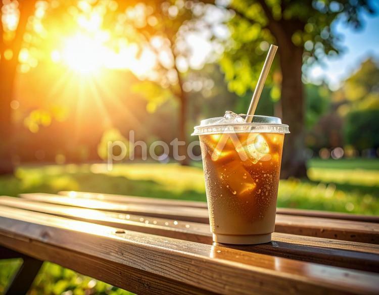 公園のベンチの上に置かれたアイスコーヒー アイスコーヒー,テイクアウト,ベンチの写真素材