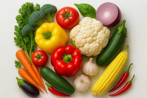 色鮮やかな新鮮野菜の盛り合わせ（白背景）の写真