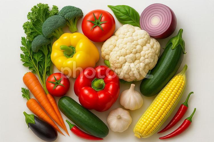 色鮮やかな新鮮野菜の盛り合わせ（白背景） 野菜,食材,新鮮の写真素材