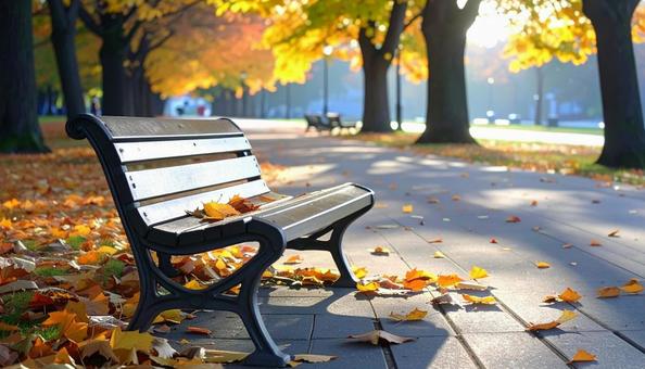 秋の公園のベンチと落ち葉 秋の公園のベンチと落ち葉の写真