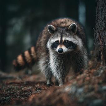 森の中でたたずむアライグマの野生写真 森の中でたたずむアライグマの野生写真の写真