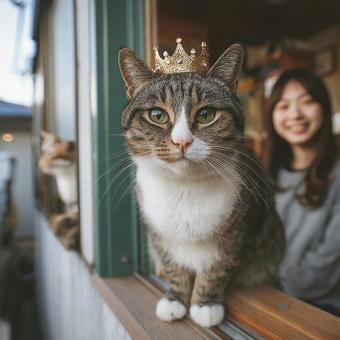 窓辺で王冠をかぶる猫の王様 窓辺で王冠をかぶる猫の王様の写真