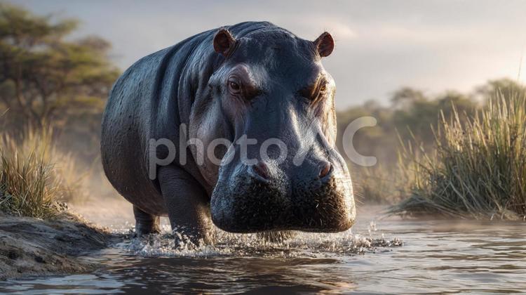 自然の中で生きる、威厳あるカバの姿 カバ,動物,生き物の写真素材