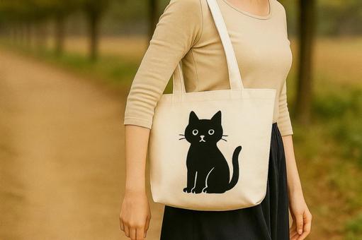 黒猫トート持つ女性横向き 黒猫トート持つ女性横向きの写真