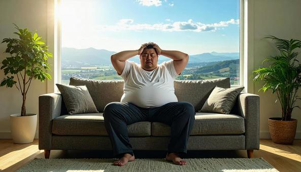 肥満で疲れやすく、額に手をやる男性 肥満で疲れやすく、額に手をやる男性の写真