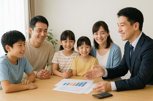 将来設計を相談する子ども3人家族とFP 将来設計を相談する子ども3人家族とFPの写真