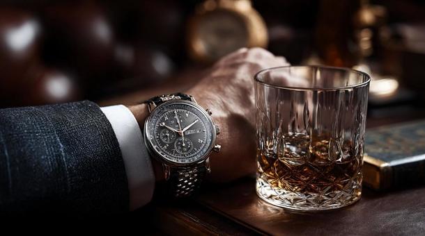 腕時計をつけた男性の腕とウイスキーの写真