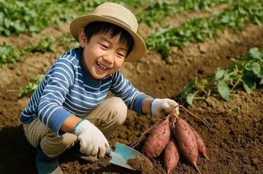 サツマイモ収穫を楽しむ笑顔の子供・芋掘り サツマイモ収穫を楽しむ笑顔の子供・芋掘りの写真