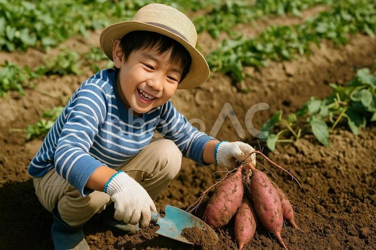 サツマイモ収穫を楽しむ笑顔の子供・芋掘り サツマイモ,芋掘り,子供の写真素材