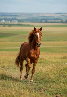 広大な荒野の道を疾走する馬の縦写真 広大な荒野の道を疾走する馬の縦写真の写真