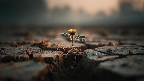 大地の亀裂から力強く伸びる植物 大地の亀裂から力強く伸びる植物の写真