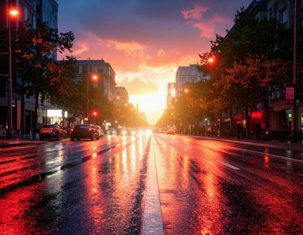 赤く染まる街と濡れた路面の写真