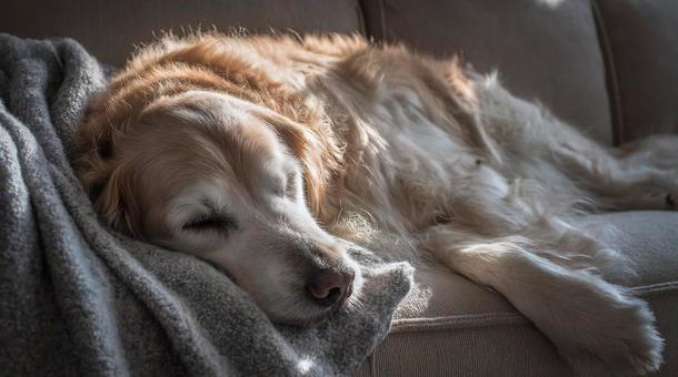 ソファで眠る老犬ゴールデンレトリバー ソファで眠る老犬ゴールデンレトリバーの写真