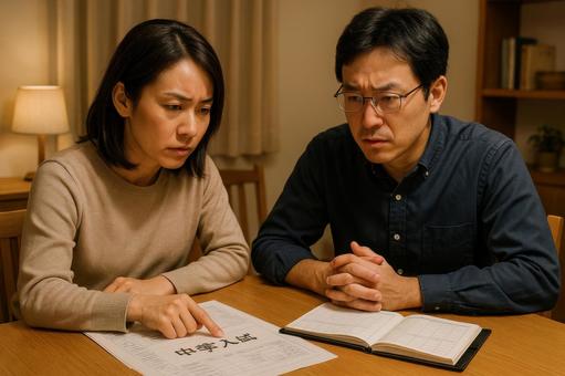 中学受験の計画を話す両親 中学受験の計画を話す両親の写真