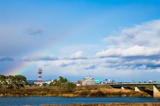 虹(21) 虹,七色,鉄塔の写真素材