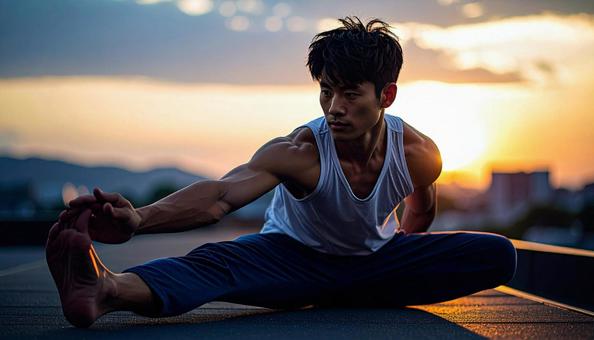 足を開いて座って前屈ストレッチをする男性 足を開いて座って前屈ストレッチをする男性の写真