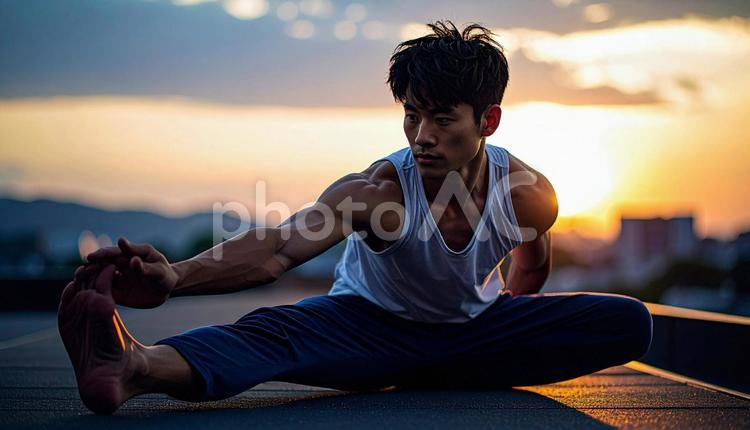 足を開いて座って前屈ストレッチをする男性 エクササイズ,ヘルスケア,ダイエットの写真素材
