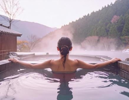 温泉に浸かる女性 温泉に浸かる女性の写真