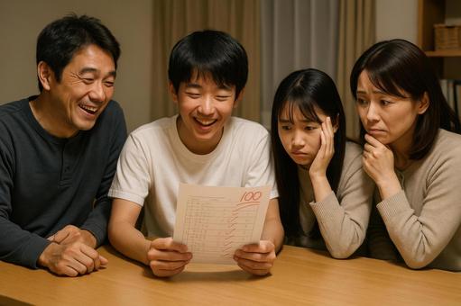 成績の変動に一喜一憂する家族 成績の変動に一喜一憂する家族の写真