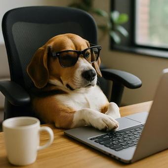 リラックスする犬社員 リラックスする犬社員の写真