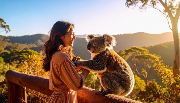 海外旅行 コアラを抱く女性 海外旅行 コアラを抱く女性の写真