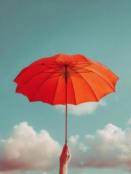 A hand holding up a bright red umbrella against the blue sky, umbrella, red, red, JPG