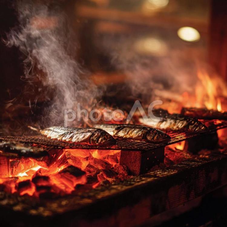 炭火で焼かれる魚のクローズアップ 焼き魚,炭火,バーベキューの写真素材