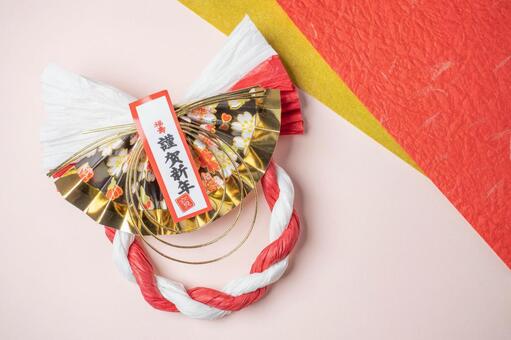 赤白しめ縄と迎春札の和風デザイン素材 しめ縄,正月,謹賀新年の写真素材