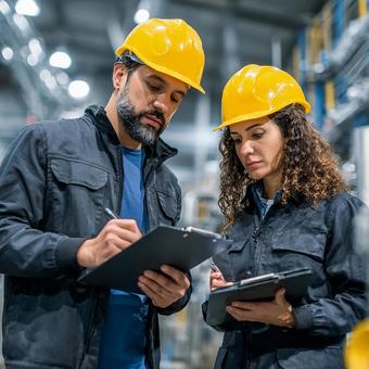 工場で点検記録を行う男女の技術者 工場で点検記録を行う男女の技術者の写真