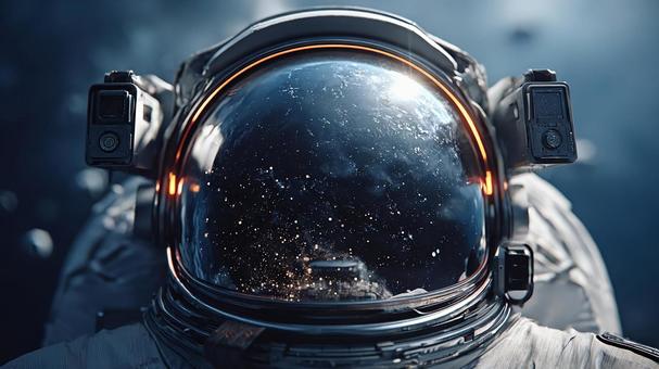 静寂な宇宙に浮かぶ、光り輝くヘルメットの写真