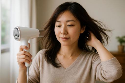 ドライヤーで髪を乾かす女性 ドライヤーで髪を乾かす女性の写真