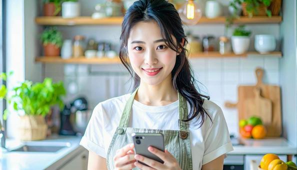 スマホでポイ活する笑顔の女性 スマホでポイ活する笑顔の女性の写真