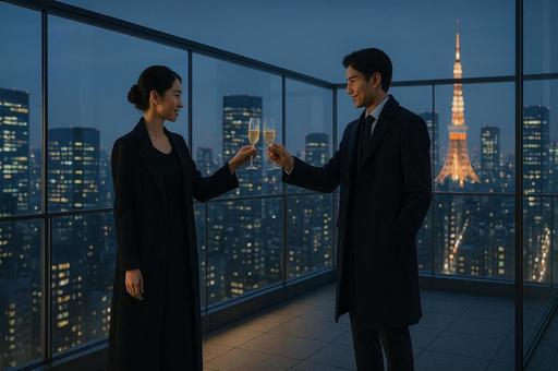 東京タワーを背景に乾杯をあげる男女 東京タワーを背景に乾杯をあげる男女の写真