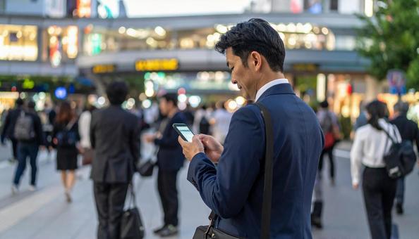 街中でスマホを見るビジネスマンの写真