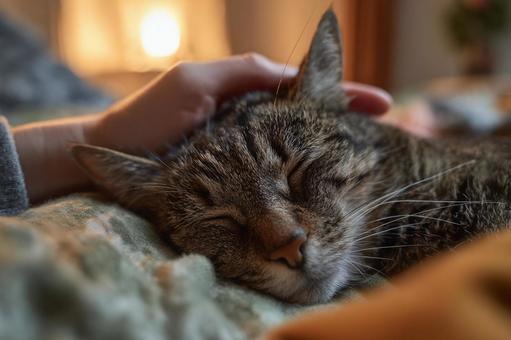 眠る猫と撫でる手 眠る猫と撫でる手の写真