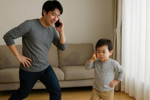 親子で電話ごっこの写真
