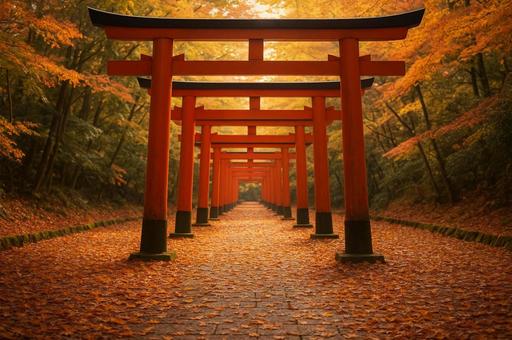 朱塗りの鳥居と落ち葉の参道 朱塗りの鳥居と落ち葉の参道の写真