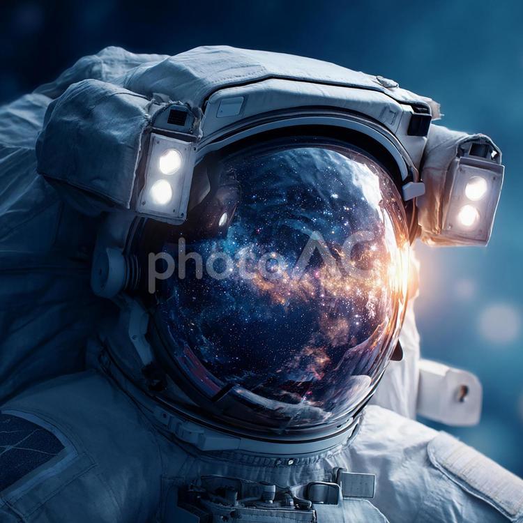 神秘的な輝きを放つ宇宙空間のリアルな描写 宇宙飛行士,ヘルメット,バイザーの写真素材
