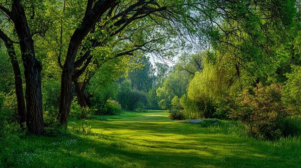 心安らぐ風景:緑に包まれた公園の小道 心安らぐ風景:緑に包まれた公園の小道の写真