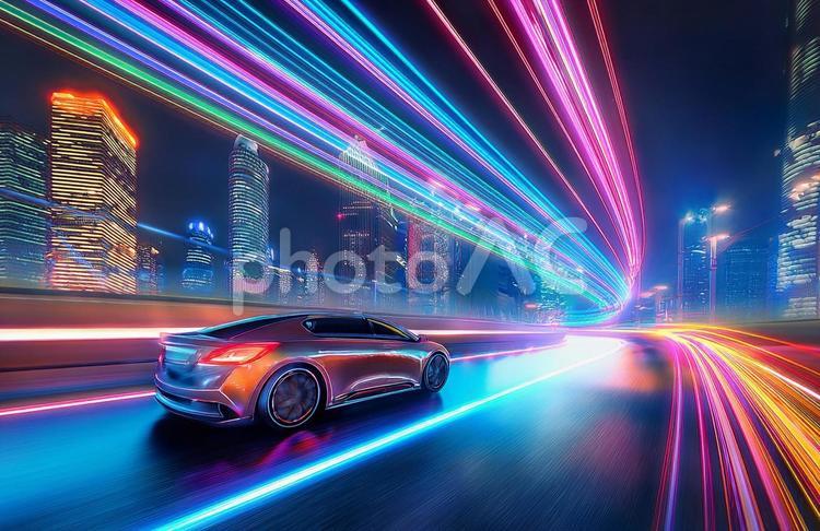 夜の都会を走る車　街灯とネオンの光2 車,クルマ,自動車の写真素材