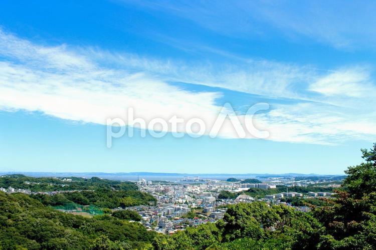 青空と街の景色01 空,雲,木の写真素材